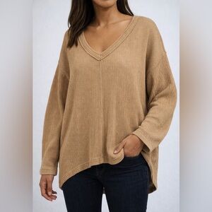 Free People Oversized Ribbed V Neck Tan Cotton Sweater Boho Relaxed Comfy Size S